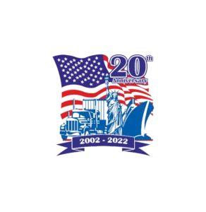 20th anniversary 2002-2022 logo with American flag, Statue of Liberty, semi truck and cargo ship illustration