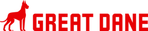 Great Dane logo featuring a red silhouette of a Great Dane dog and bold red uppercase text "GREAT DANE"