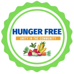 Green badge-style logo with the words “HUNGER FREE” above “Unity in the Community” and fresh vegetables at the bottom, representing the food-aid program partner.
