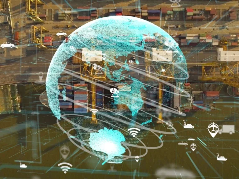 Overlay of digital globe and logistics icons on aerial view of shipping port with cargo containers and freight infrastructure