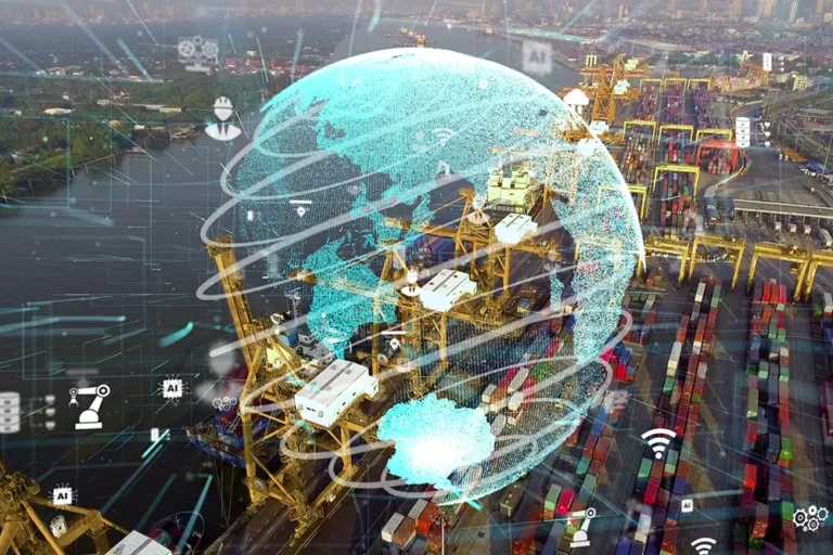 Aerial view of container terminal with digital globe overlay and network icons for global freight connectivity
