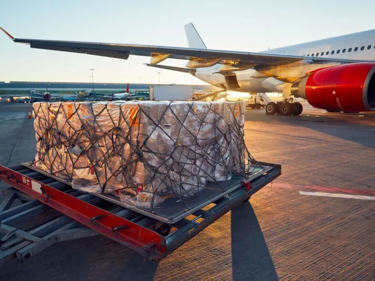 Wrapped freight pallet on tarmac near aircraft wing at sunrise, prepared for loading onto a cargo plane — Phoenix Warehouse air freight operations