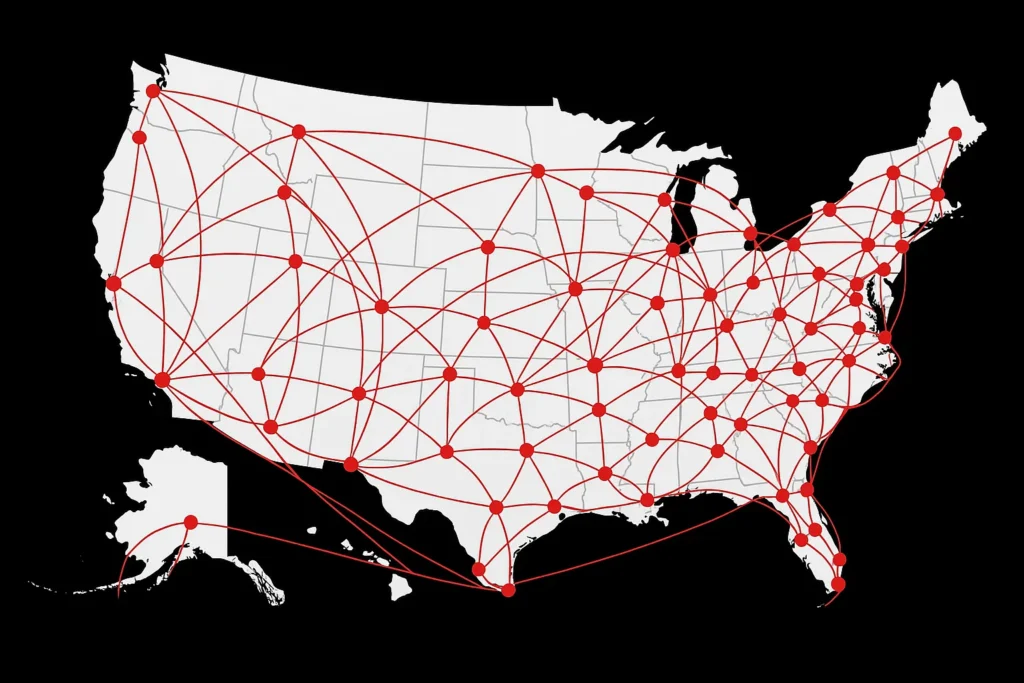 Map of the United States showing All City’s red-line logistics network connecting every major city, including Alaska and Hawaii, to illustrate service coverage in all 50 states.