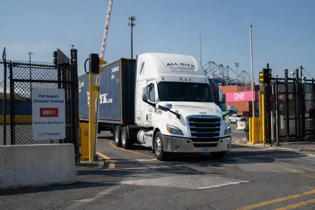 All City Leasing drayage truck exiting Port Newark Container Terminal Gate 1, NJ