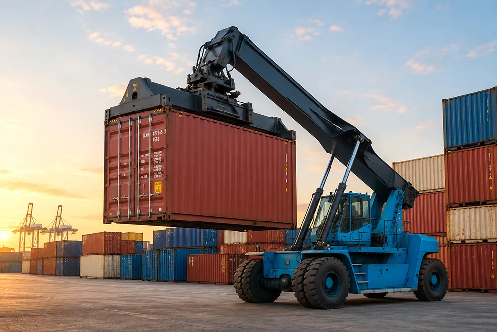 Container handler lifting a shipping container in a port yard