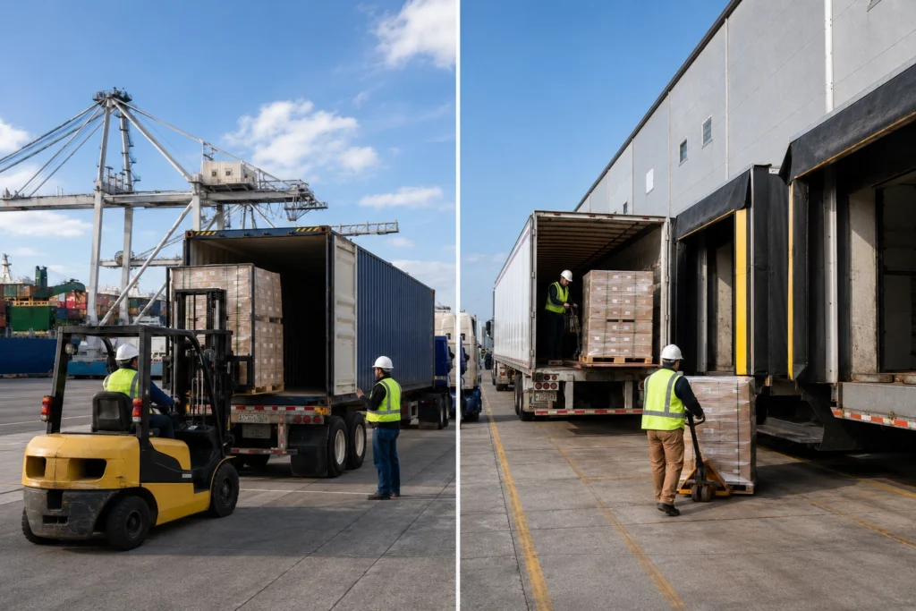 Workers and forklift transferring pallets from an ocean container to a domestic trailer at a transload facility near the Port of NJ