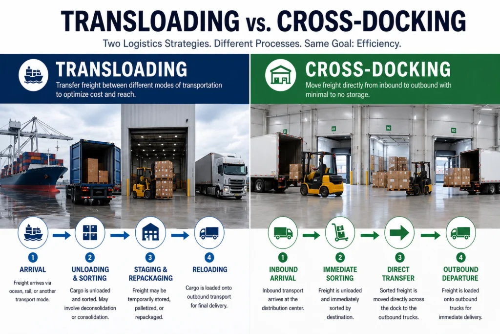 Infographic comparing the 4-step transloading process (arrival, unloading, staging, reloading) vs the 4-step cross-docking process (inbound arrival, sorting, direct transfer, outbound departure)