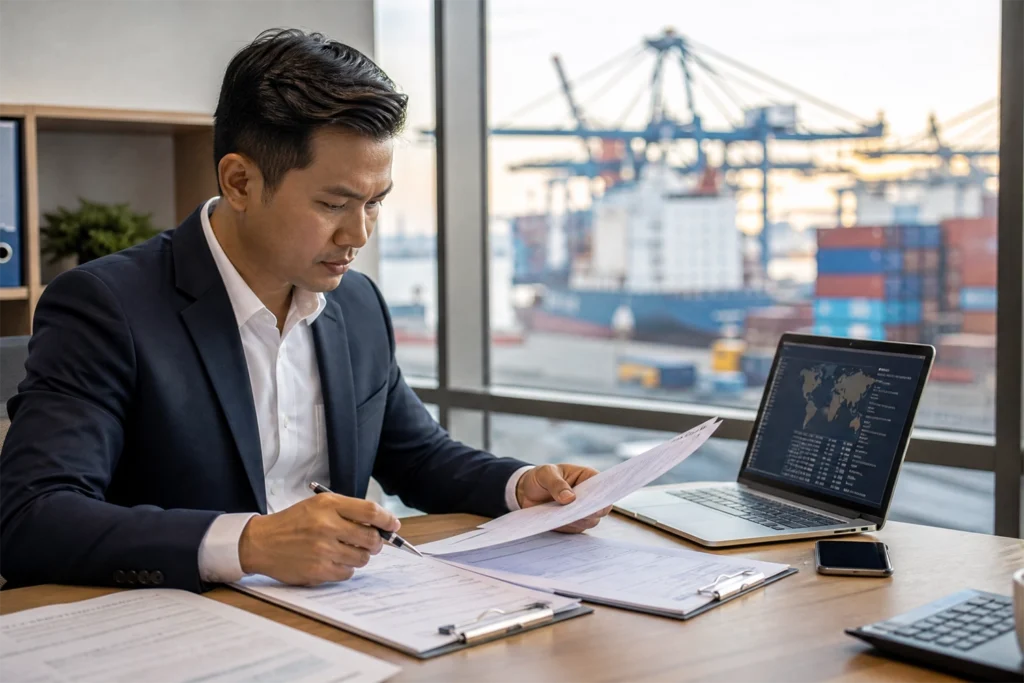 Logistics coordinator reviewing shipping documents and bill of lading at desk with port cranes visible through window
