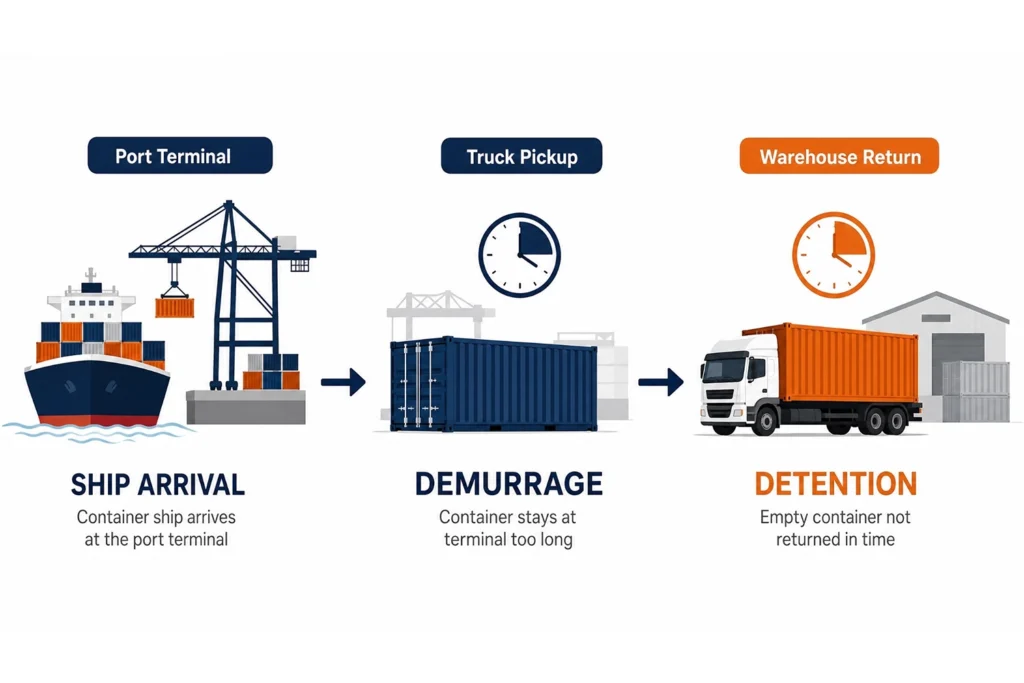 Infographic showing the difference between demurrage and detention fees: ship arrival at port terminal, container waiting (demurrage), and empty container return to warehouse (detention)
