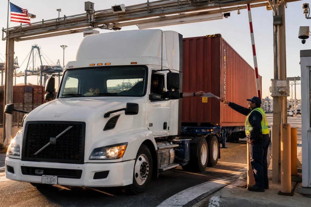 White semi-truck with red shipping container on chassis exiting Port Newark NJ terminal gate, driver handing documents to security officer