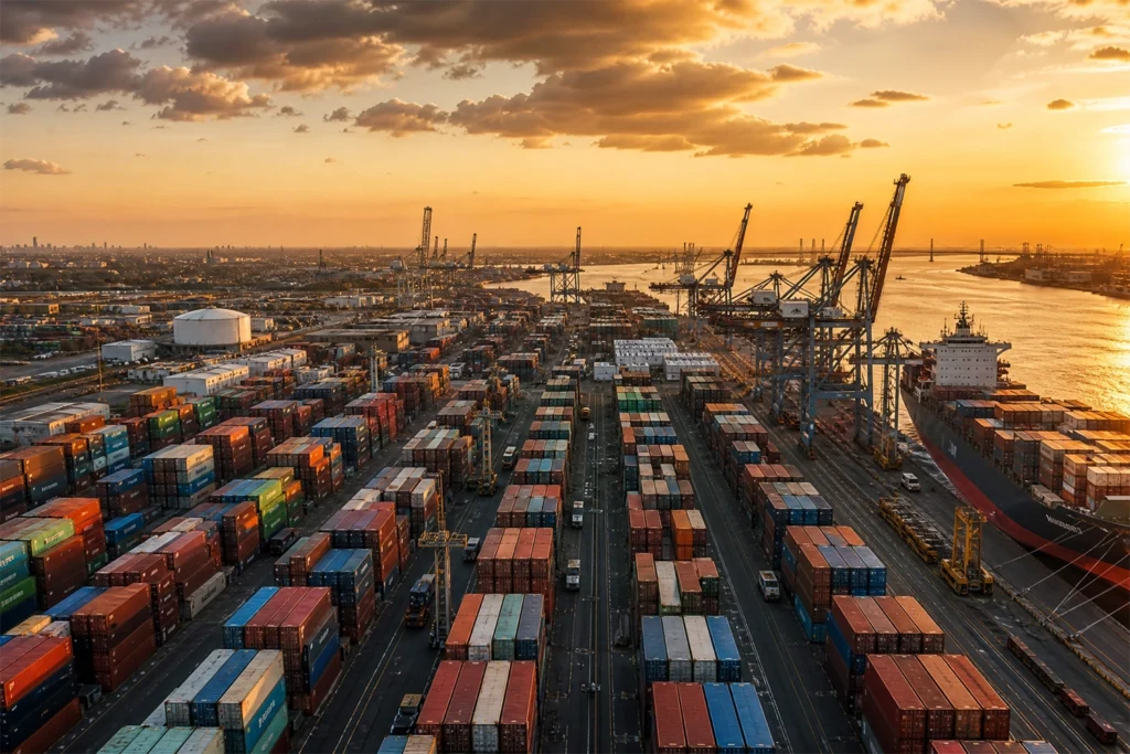 Aerial view of Port Newark NJ shipping container terminal with stacked containers and cranes at sunset