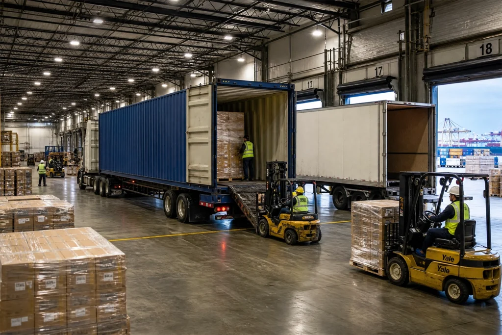 Warehouse workers using forklifts to transload cargo from a blue ocean shipping container to a domestic trailer at a New Jersey warehouse near Port Newark